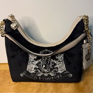 Juicy Couture Velour Hobo Bag Black Cream Crest Gold Chain NWT